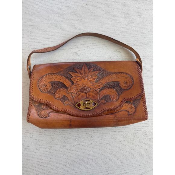 Vintage Leather Bag Clutch Western Hand Tooled Leather Purse Saddle Brown